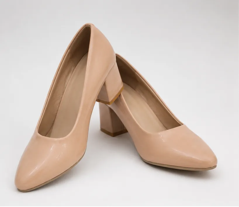 Classic nude beige block heel pumps for women with pointed toe, comfortable office and party footwear displayed from multiple angles.