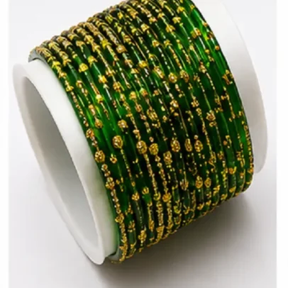 Green designer glass bangles set of 30 pieces featuring gold dot detailing for women and girls, ideal for weddings, festivals, pooja, bridal wear, parties and traditional ethnic occasions.
