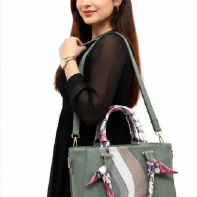 Green Women's Designer Handbag with Scarf Handles Premium Tote Bag for Office Shopping Travel and Daily Use
