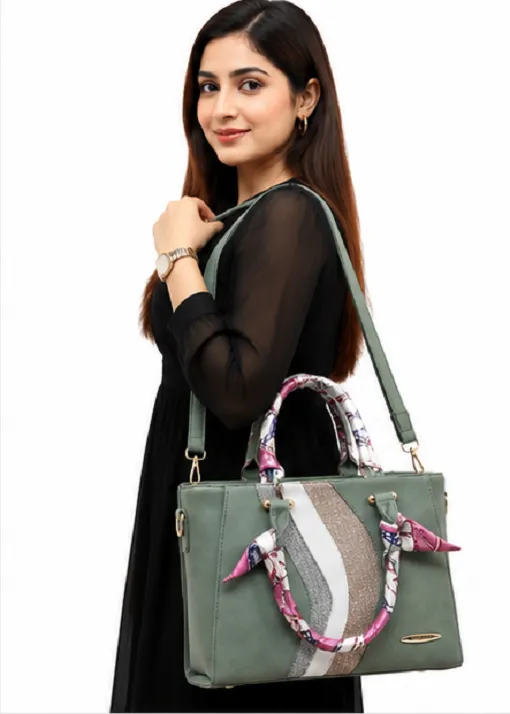 Green Women's Designer Handbag with Scarf Handles Premium Tote Bag for Office Shopping Travel and Daily Use