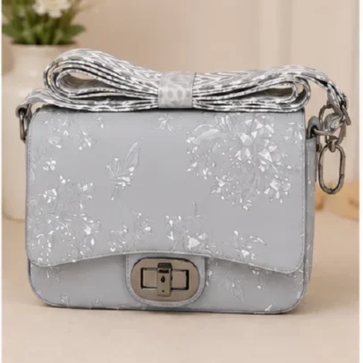 Grey Floral Women's Crossbody Sling Bag with Adjustable Printed Shoulder Strap and Twist Lock Closure
