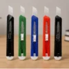 Heavy duty paper cutter knife with snap-off replaceable blade in assorted colours for cutting paper, cardboard, plastic sheets, packaging and craft materials.