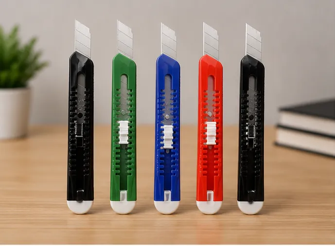 Heavy duty paper cutter knife with snap-off replaceable blade in assorted colours for cutting paper, cardboard, plastic sheets, packaging and craft materials.
