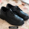 Kids black lace-up school shoes with durable synthetic upper, anti-slip rubber sole, comfortable cushioned insole, suitable for boys and girls.