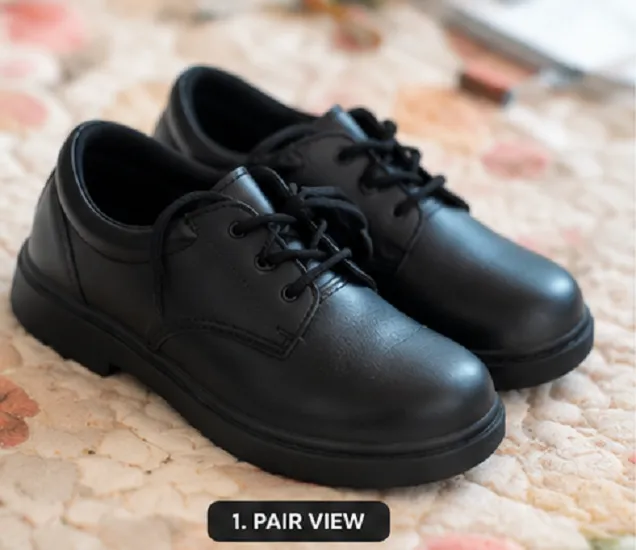 Kids black lace-up school shoes with durable synthetic upper, anti-slip rubber sole, comfortable cushioned insole, suitable for boys and girls.