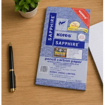 Kores Sapphire pencil carbon paper pack containing 100 royal blue carbon sheets for handwriting, document copying, office, school and business use.