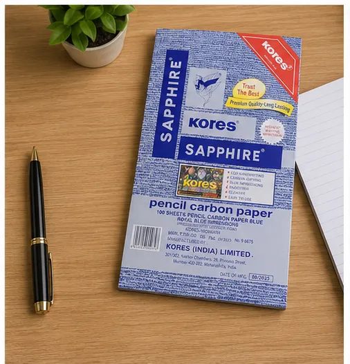 Kores Sapphire pencil carbon paper pack containing 100 royal blue carbon sheets for handwriting, document copying, office, school and business use.