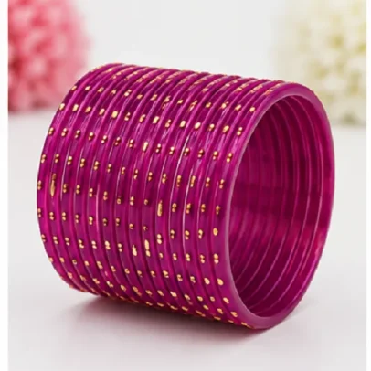 Magenta Glass Bangles Set of 24 PCS with Golden Dot Design for Women Traditional Kanch Ki Chudi.