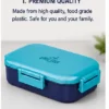 Milton premium BPA free leak proof lunch box with secure locking clips, food grade material, durable design, and blue color for school, office, and travel.