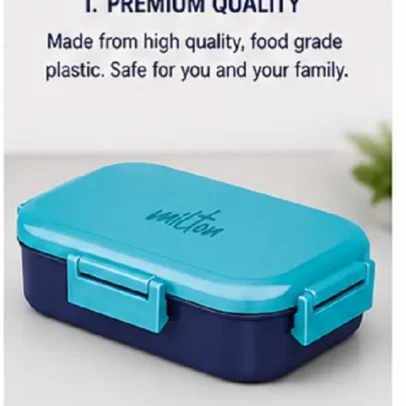 Milton premium BPA free leak proof lunch box with secure locking clips, food grade material, durable design, and blue color for school, office, and travel.