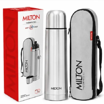 Milton Thermosteel vacuum flask 1000ml made from stainless steel with insulated carry bag for keeping water, tea and coffee hot or cold during travel, office and outdoor use.