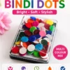 Multi colour velvet round bindi dots with self-adhesive backing, skin-friendly, long-lasting, water-resistant bindis for women and girls.