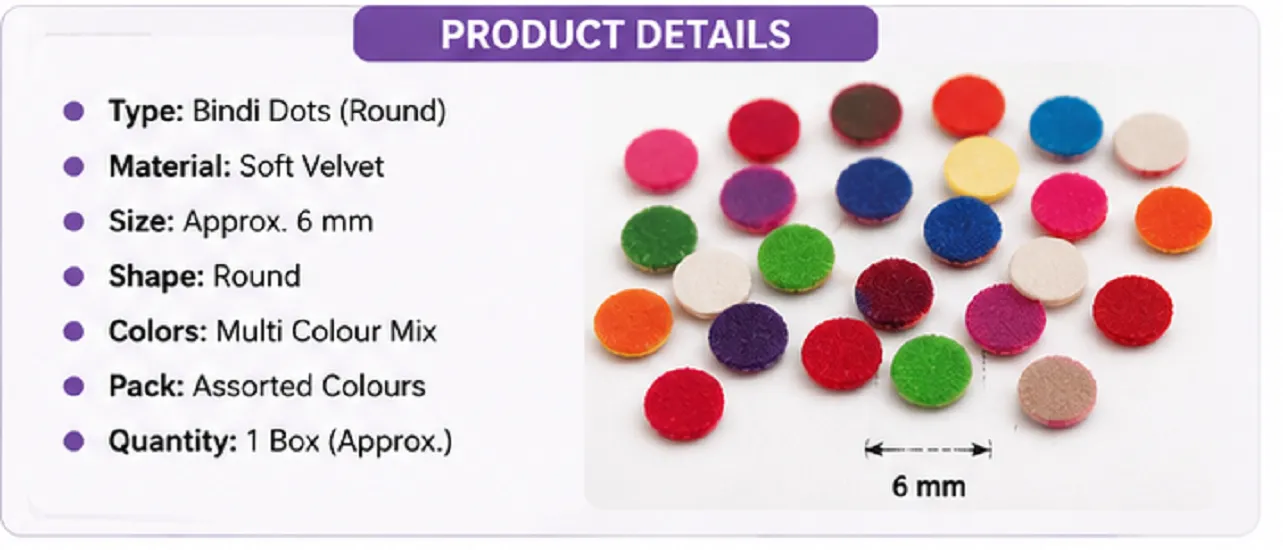 Multi Colour Bindi Dots | Velvet Round Self Adhesive Bindi for Women & Girls | Pack of 5 - Image 3