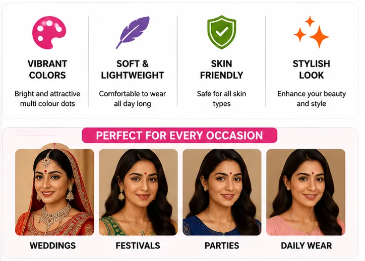 Multi Colour Bindi Dots | Velvet Round Self Adhesive Bindi for Women & Girls | Pack of 5 - Image 4