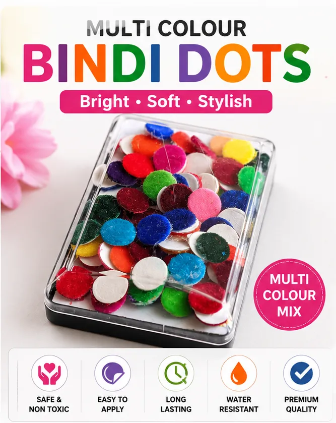 Multi Colour Bindi Dots | Velvet Round Self Adhesive Bindi for Women & Girls | Pack of 5 - Image 5