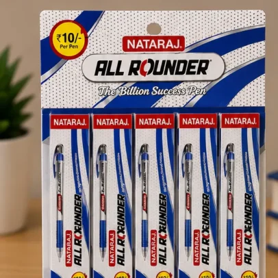 Nataraj All Rounder blue ink retractable ball pen pack of 10 smooth writing pens for school, office, college, exams and daily use.