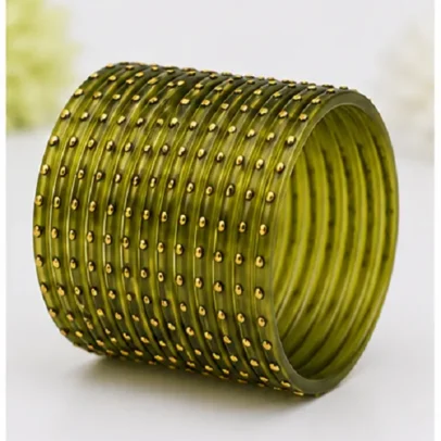 Olive Green 24 PCS glass bangles set with golden dot design for women and girls, traditional Indian Kanch Ki Chudi for weddings, festivals and ethnic wear.