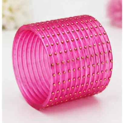 Pink 24 PCS glass bangles set with golden dot design for women and girls, traditional Indian kanch ki chudi set for weddings, festivals and ethnic wear.