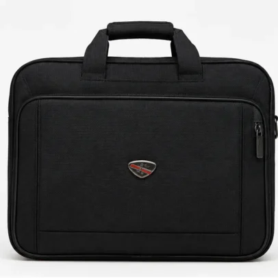 Premium black laptop office bag with padded laptop compartment, water-resistant fabric, durable zipper, and multiple storage pockets for business professionals.