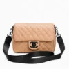 Beige Quilted Women's Crossbody Sling Bag with Adjustable Black Shoulder Strap and Premium Flap Closure