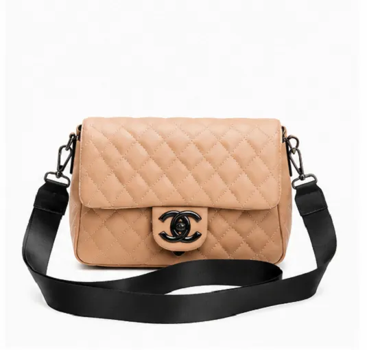 Beige Quilted Women's Crossbody Sling Bag with Adjustable Black Shoulder Strap and Premium Flap Closure