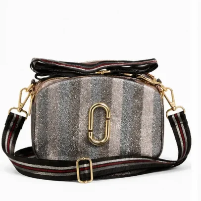 Metallic Grey Women's Crossbody Sling Bag with Adjustable Striped Shoulder Strap and Gold-Tone Hardware