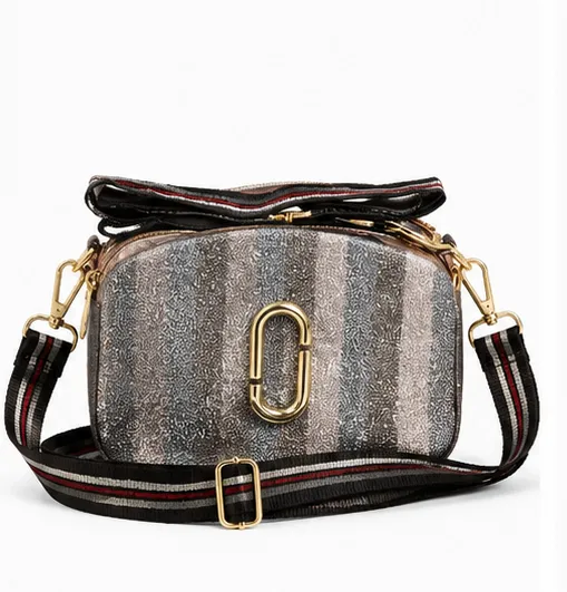Metallic Grey Women's Crossbody Sling Bag with Adjustable Striped Shoulder Strap and Gold-Tone Hardware