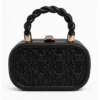 Black Women's Hard Case Clutch Bag with Twisted Handle Premium Designer Party Box Purse