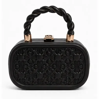 Black Women's Hard Case Clutch Bag with Twisted Handle Premium Designer Party Box Purse