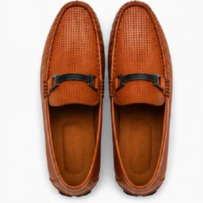 Premium tan brown perforated slip-on loafers for men with soft cushioned insole, breathable casual driving shoes for office, travel and daily wear.