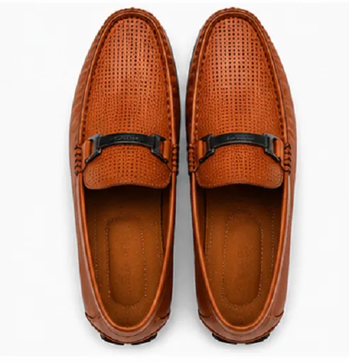 Premium tan brown perforated slip-on loafers for men with soft cushioned insole, breathable casual driving shoes for office, travel and daily wear.