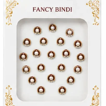 Premium round stone self adhesive fancy bindi stickers with pearl center and crystal border pack of 5 cards for women and girls suitable for weddings, festivals, pooja, bridal makeup and traditional ethnic wear.