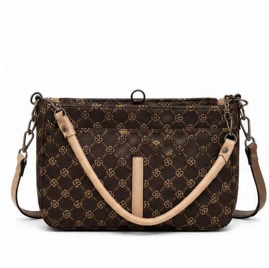 Brown Printed Women's Tote Shoulder Bag with Adjustable Strap and Multiple Pockets for Office Shopping and Daily Use