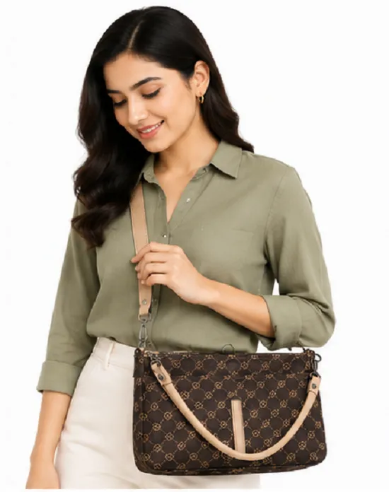 Brown Printed Women's Tote Shoulder Bag | Premium Multi-Pocket Handbag for Daily Use - Image 3