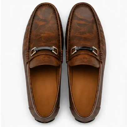 Premium coffee brown textured slip-on loafers for men with soft cushioned insole, lightweight casual driving shoes for office, travel and daily wear.