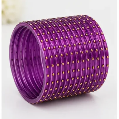Purple 24 PCS glass bangles set with golden dot design for women and girls, traditional Indian Kanch Ki Chudi for weddings, festivals and ethnic wear.