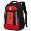 Premium red and black school backpack with multiple compartments, side mesh bottle pockets, durable zippers, and water-resistant fabric for school, college, travel, and daily use.