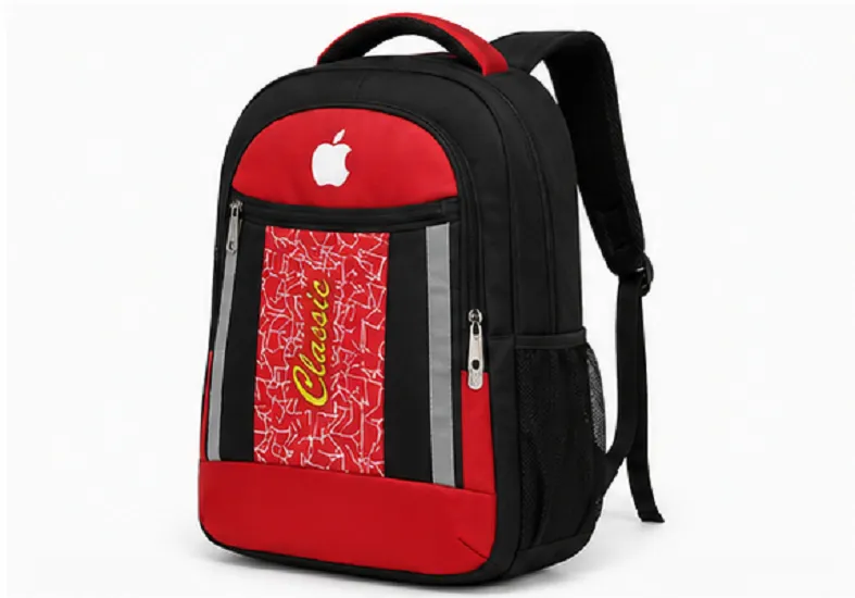 Premium red and black school backpack with multiple compartments, side mesh bottle pockets, durable zippers, and water-resistant fabric for school, college, travel, and daily use.