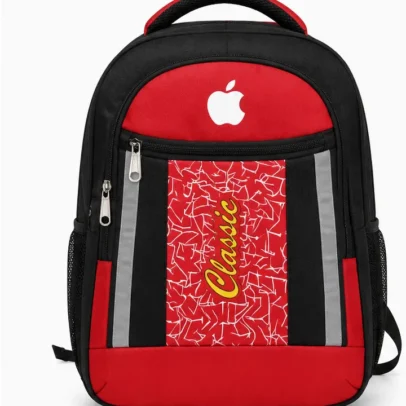 Red and black school backpack with multiple compartments, side bottle pockets, durable zippers, and water-resistant fabric for school, college, travel, and daily use.