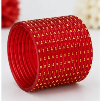 Red Glass Bangles Set of 24 PCS with Golden Dot Design for Women Traditional Kanch Ki Chudi,