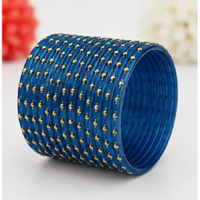 Royal Blue Glass Bangles Set of 24 PCS with Golden Dot Design for Women Traditional Kanch Ki Chudi.