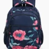 Multi-colour floral school backpack for girls with spacious compartments, front zipper pocket, side bottle pockets, padded shoulder straps, and water-resistant fabric.