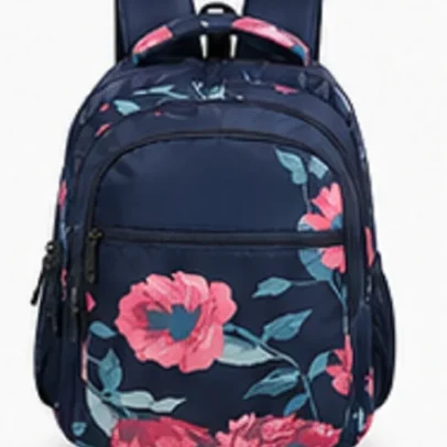 Multi-colour floral school backpack for girls with spacious compartments, front zipper pocket, side bottle pockets, padded shoulder straps, and water-resistant fabric.