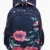 Multi-colour floral school backpack for girls with spacious compartments, front zipper pocket, side bottle pockets, padded shoulder straps, and water-resistant fabric.