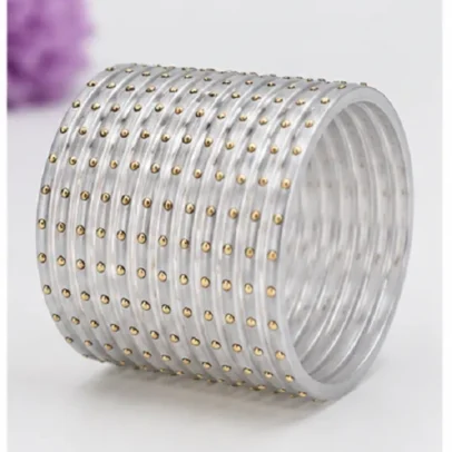 Silver 24 PCS glass bangles set with golden dot design for women and girls, traditional Indian kanch ki chudi set for weddings, festivals and ethnic wear.