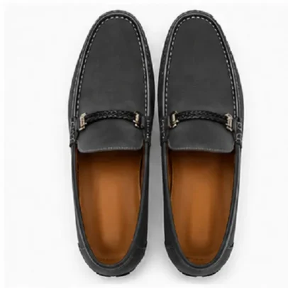 Black soft cushioned insole loafers for men with slip-on design, comfortable casual driving shoes for office, travel and everyday wear.