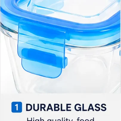 Square glass food storage container with airtight locking lid, food-grade glass, leak-proof seal, and multi-colour lid for kitchen food storage.