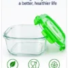Square glass food storage container with airtight locking lid, transparent food-grade glass body, leak-proof seal, and multi-colour clips for storing food, heating, and serving.