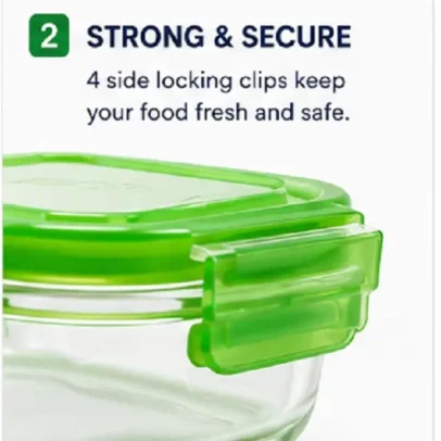 Stackable glass food storage container with airtight locking lid, leak-proof silicone seal, transparent food-grade glass body, and multi-colour lid for refrigerator and kitchen storage.