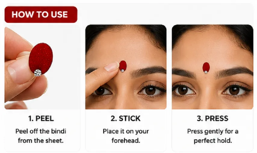 Traditional Red Bindi | Premium Velvet Round Bridal Bindi with Stone | Pack of 5 (10 Pieces Each, Total 50 Bindis) - Image 4